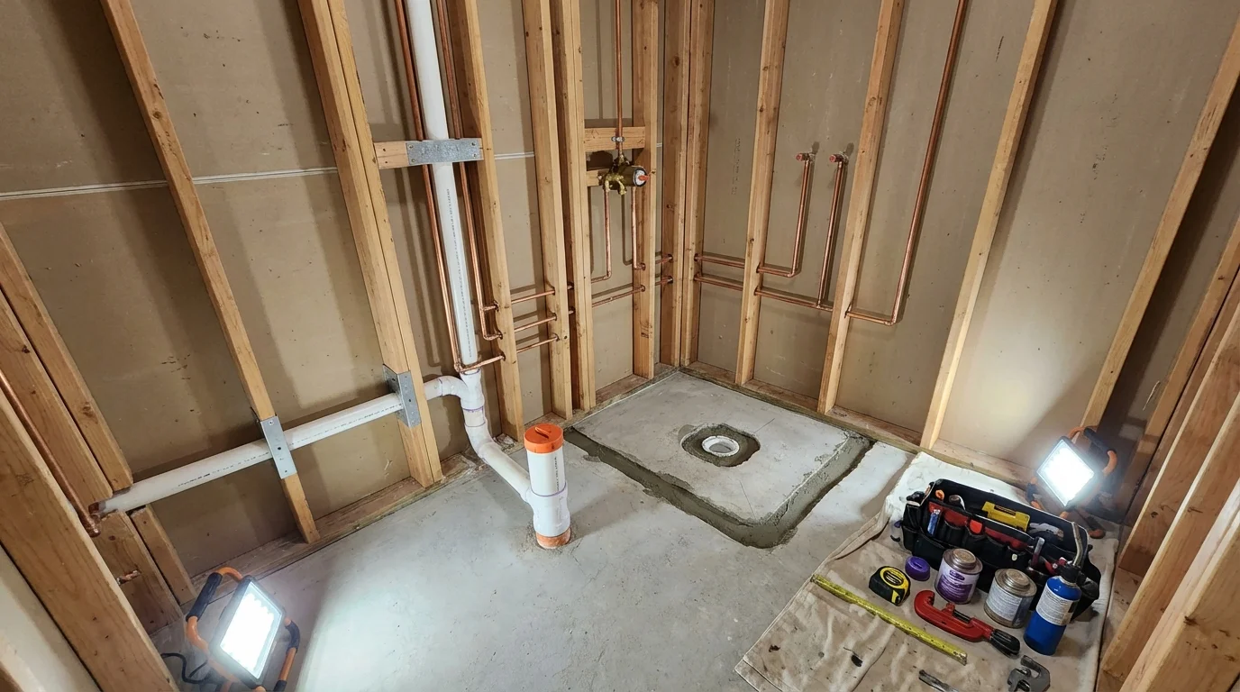 Bathroom rough-in plumbing during remodel by Johns Plumbing LLC in Shelton