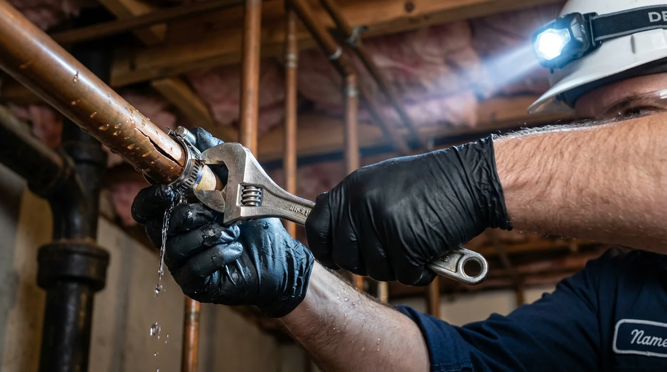 Emergency pipe clamp repair being performed by a Johns Plumbing LLC plumber in Shelton