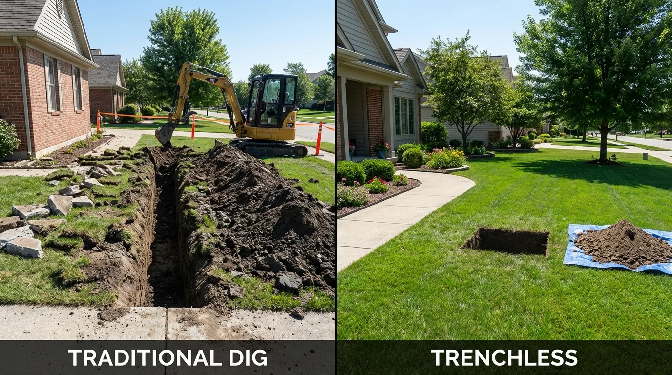 Trenchless sewer repair with minimal yard damage versus traditional excavation in Shelton, CT