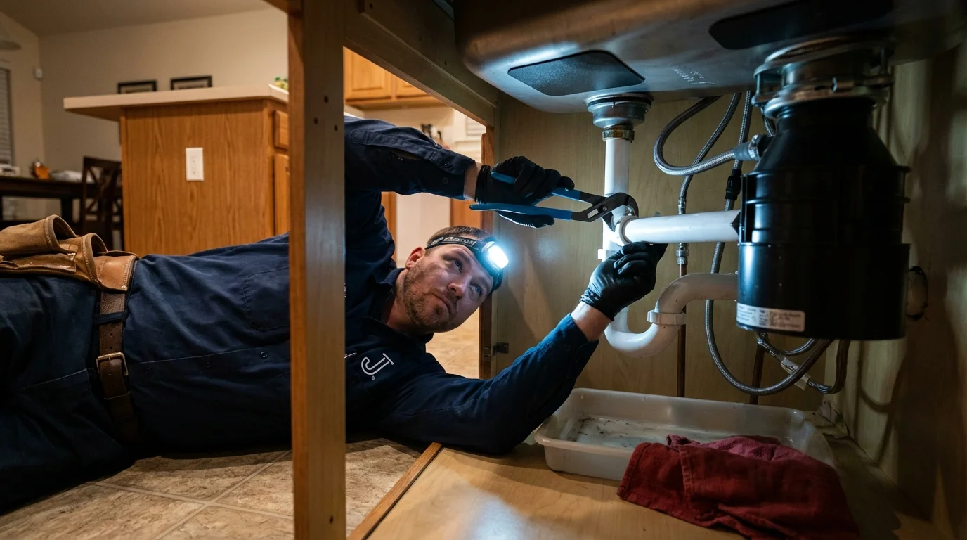 P-trap and supply line connections under a kitchen sink showing a common leak point in Shelton, CT